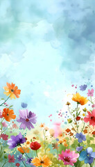 Watercolor colorful spring flowers background with empty space for text. 