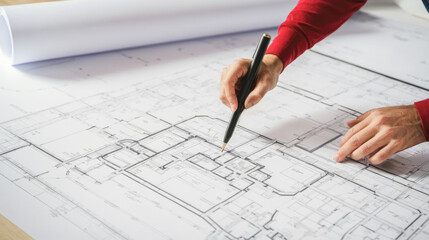 Home Remodeling Blueprint Review. Professional reviewing and making changes to detailed architectural plan for home remodeling, focusing on layout adjustments and design improvements