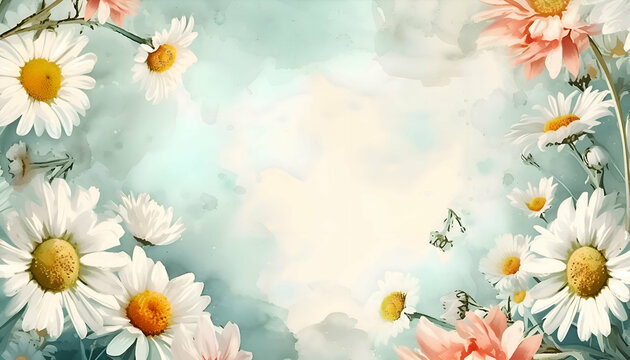 Watercolor daisies flowers with blue sky background with empty space for text. 