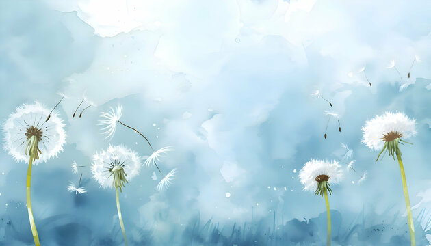 Watercolor dandelion flowers with blue sky background with empty space for text. 