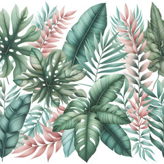 Green and blush tropical leaves on white background. Watercolor hand painted seamless border. Floral tropic illustration. Jungle foliage pattern.