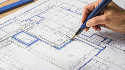 Architectural Plan Modification - Close-up view of hands, pencil marking changes on house blueprint, highlighting process of redesigning, adjusting layouts and enhancing living spaces