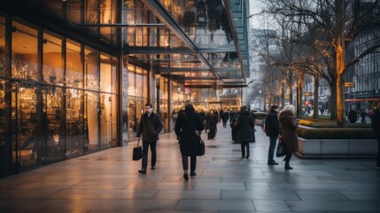 Blurred crowd of business people in dynamic motion walking through modern entrance