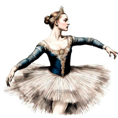 Close up of the young beautiful ballerina in a stage costume on a white background in isolation. Portrait in the style of vintage drawings and engravings and with copy space for text.