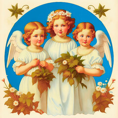 Guardian angel with children. The design is in the style of an old postcard.