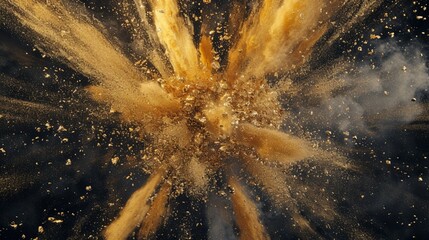 Generate a depiction of a sand explosion, featuring lively bursts of gold against an enchanting...