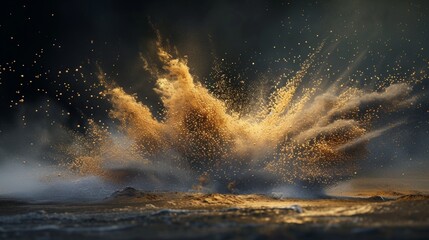 Generate a depiction of a sand explosion, featuring lively bursts of gold against an enchanting dark backdrop--a stunning artwork created by generative A