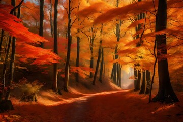 A vibrant autumn forest vista, with trees ablaze in shades of red, orange, and gold, creating a breathtaking canopy of colors, and a tranquil path leading into the woods.