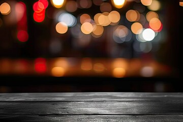 Dark wooden table at center of urban cafe blurred lights creating bokeh effect in background embodying modern retro vibe perfect for product displays with touch of nightlife and city charm