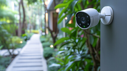 White bullet style security camera mounted on side of the house. Composed with copy space.