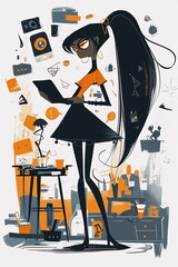 Illustration of a young woman with long black hair being surrounded by digital data