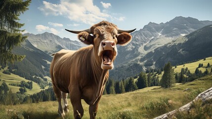 Beautiful amazing cow with a wide open mouth grazing happily in the lush green meadow