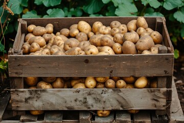 wooden box full of potatoes. Agriculture, gardening, growing vegetables