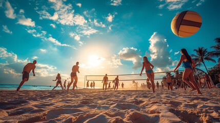 Summer volleyball on the beach with friends. Low angle.