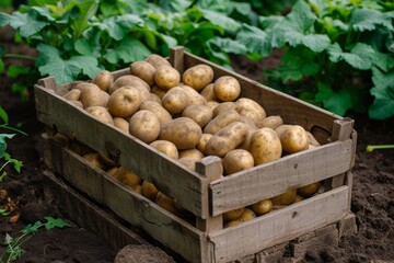 wooden box full of potatoes. Agriculture, gardening, growing vegetables