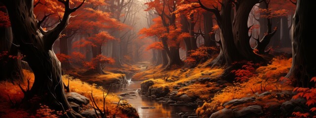A fantastic magical autumn landscape with a river, an oak forest, trees with orange-red and yellow leaves on a cloudy day. Nature, landscape, environment concepts. - obrazy, fototapety, plakaty