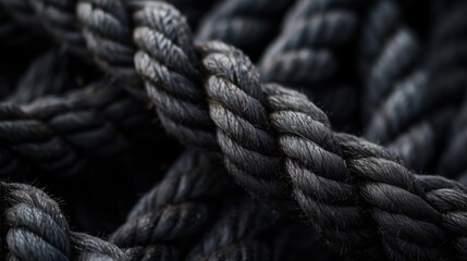 Fototapeta na wymiar Black rope. Closeup of old thick nautical ropes. Heavy strong ropes background.