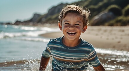 Kid boy at the beach summer holiday vacation running and smiling at camera from Generative AI