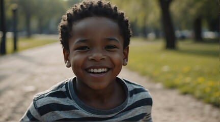 Kid black african boy at the park in spring running and smiling at camera from Generative AI