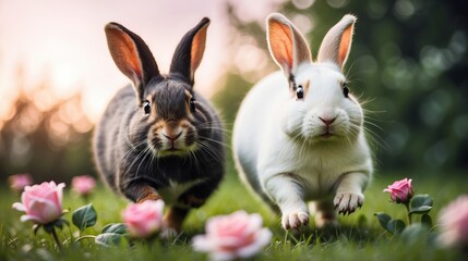 cute black and white bunnies couple in a running on field of flowers, rabbits running outside	