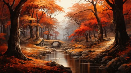 A fantastic magical autumn landscape with a river, an oak forest, trees with orange-red and yellow leaves on a cloudy day. Nature, landscape, environment concepts.