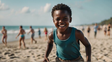 Kid black african boy at the beach summer holiday vacation running and smiling at camera from Generative AI - obrazy, fototapety, plakaty