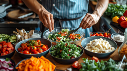 Healthy meal preparation, large bowls of salads and other vegetables. Fresh organic ingredients.