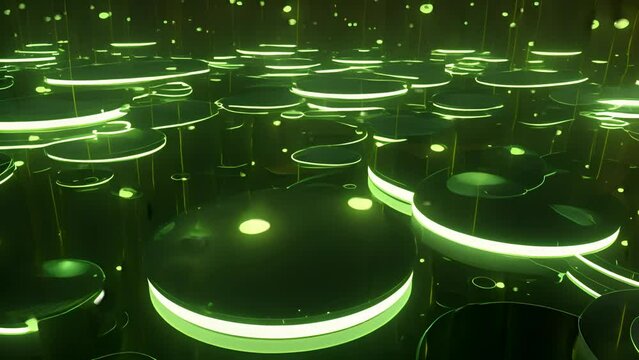 Multiple circles formed by green neon lights are arranged as if floating in darkness, creating a futuristic technological feel.
