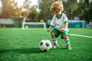 Obraz premium Cute little boy playing football on a green field.