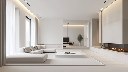 Very minimalistic, low furniture decor of a modern living room area. White accents.