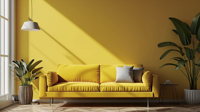 Apartamento minimalista de dise&ntilde;o minimalista con sof&aacute; y pared amarillos con luz natural sin gente. Habitaci&oacute;n de interior.
Moderno para vivir