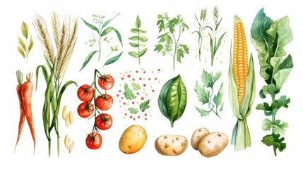 watercolor, hand-drawn illustration of vegetables and fruits. fresh food design elements: greenery, leaves, corn, wheat, tomato, potato, leaves, stalks, Broccoli, carrot, pepper, garlic, and zucchini