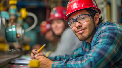 Students in class learning about safety regulations for construction or engineering degree.