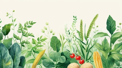 watercolor, hand-drawn illustration of vegetables and fruits. fresh food design elements: greenery, leaves, corn, wheat, tomato, potato, leaves, stalks, Broccoli, carrot, pepper, garlic, and zucchini
