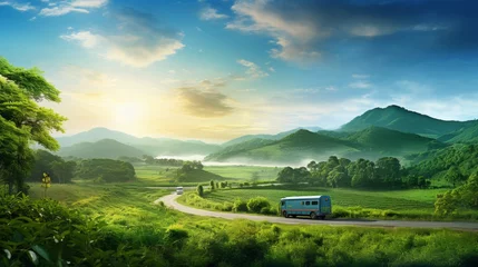 Fotobehang eco-truck. green energy transportation through enchanting forest and majestic mountain landscape © sorin