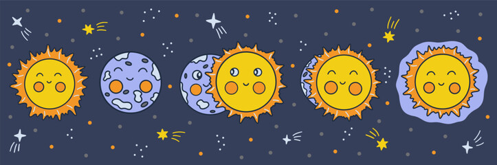 Lunar eclipse. Phases of onset of moon eclipse. Night sky with stars. Colorful vector illustration hand drawn doodle. Blue horizontal background - obrazy, fototapety, plakaty