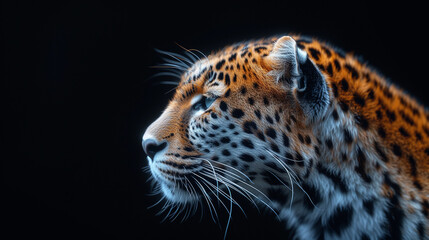 Close-up of a jaguar's face against a dark background, studio lighting.