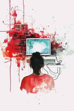 Young woman sitting in a front of a computer with red splash background