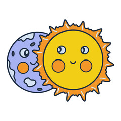 Lunar eclipse, initial phase. Colorful vector isolated illustration hand drawn doodle. Icon or card, clip art with contour. Happy sun and moon