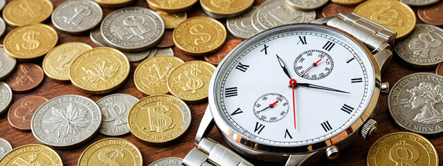Elegant wristwatch surrounded by variety of international coins, illustrating concept of time is money in business. time equating to money, importance of time management in financial success.