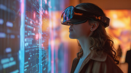 Woman using an augmented reality headset, spatial computing concept.