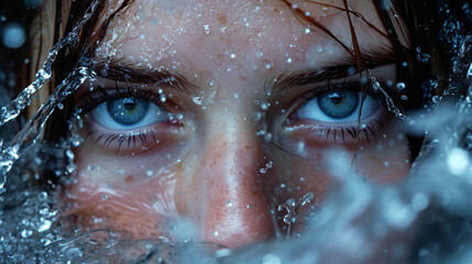 Close-up of a girl's face half submerged in water, against a dark background, studio lighting.