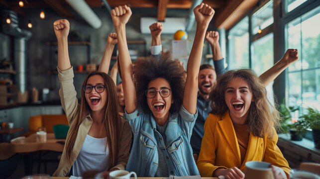 Team of coworkers celebrating after a successful product launch.