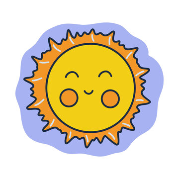 recommend clip art: Total lunar eclipse. Or smiling sun in the sky. Colorful vector isolated illustration hand drawn doodle. Icon or card, clip art with contour. Moonlight behind the sun