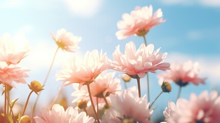 Beautiful spring flowers with smooth bokeh clouds and sunshine background. Generative AI