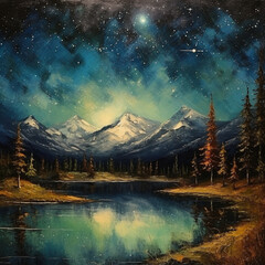 oil painting vintage painting, night sky, stars, mountains, trees Ai generative 