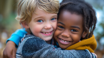Young white boy hugging a black boy, best friends concept.