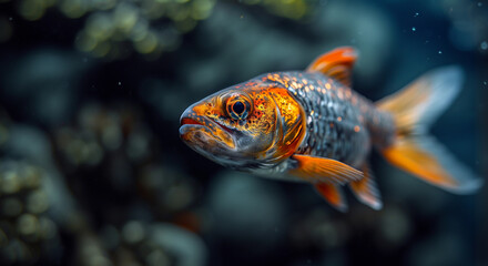 Close-up of a small fish on a dark background.