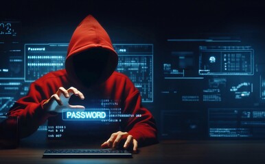 A hacker in a red hooded sweatshirt, grabs the word password on a computer screen ,generative ai  art