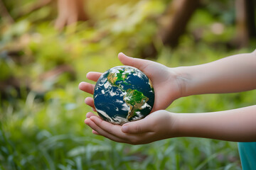 child holding a green earth on green background, Saving the environment concept.